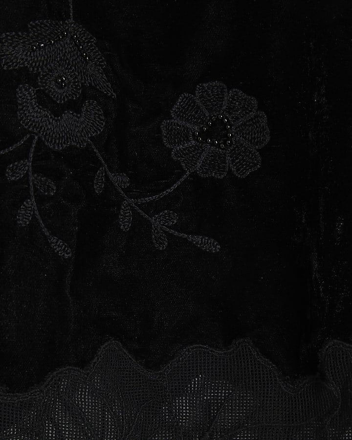 Black Velvet Floral Embroidered Mini Skirt