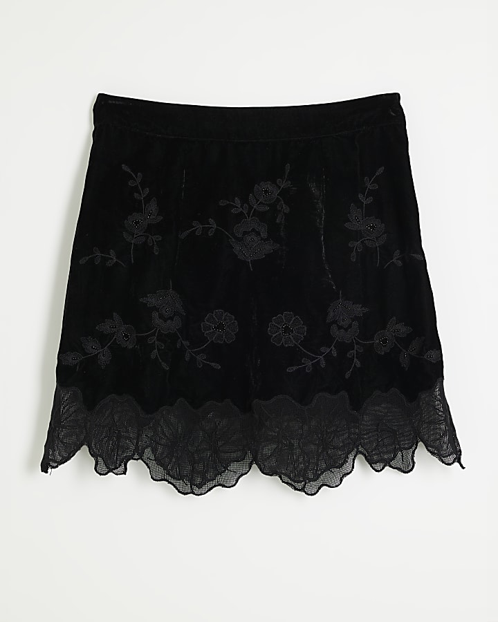 Black Velvet Floral Embroidered Mini Skirt