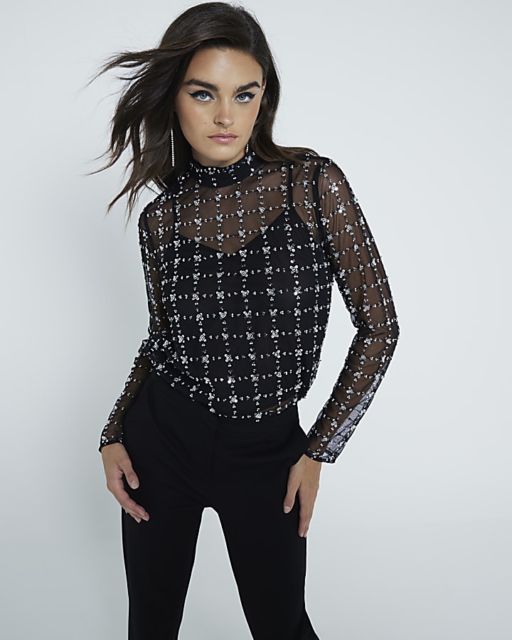 Black Mesh Long Sleeve Floral Sequin Top