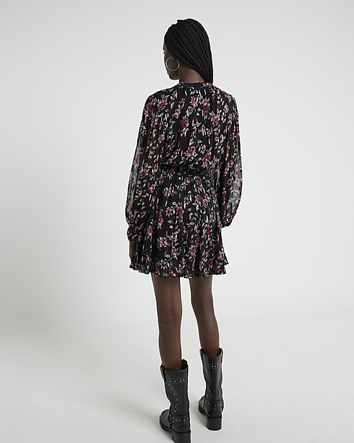 Black Floral Smock Mini Dress