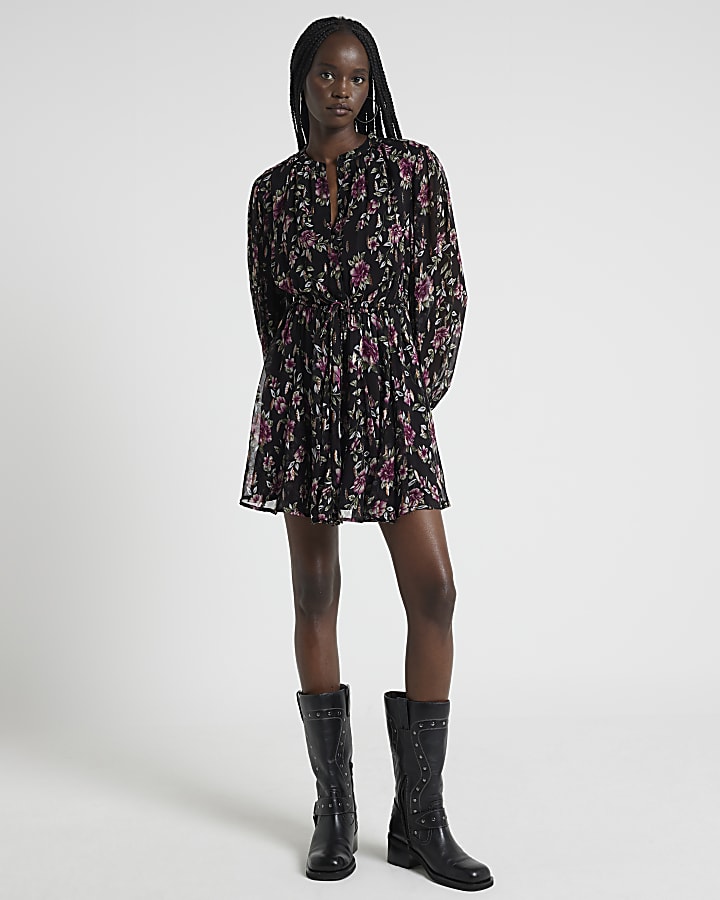 Black Floral Smock Mini Dress