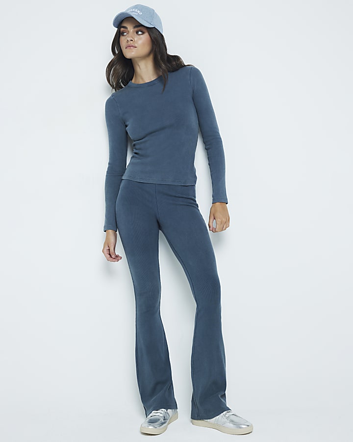 Green High Waisted ribbed flared leggings