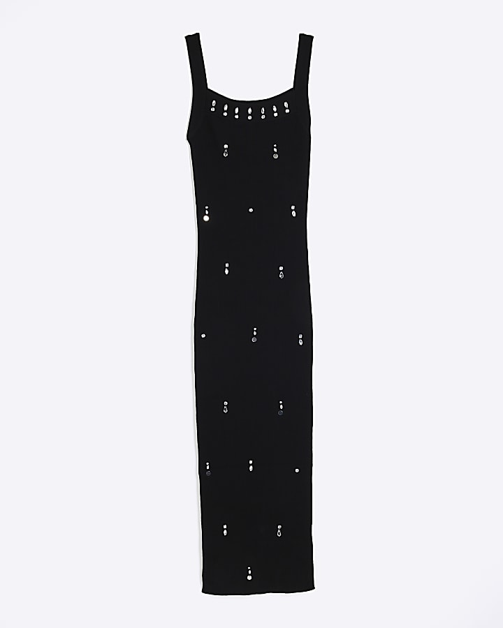 Black Knitted Embellished Midi Dress