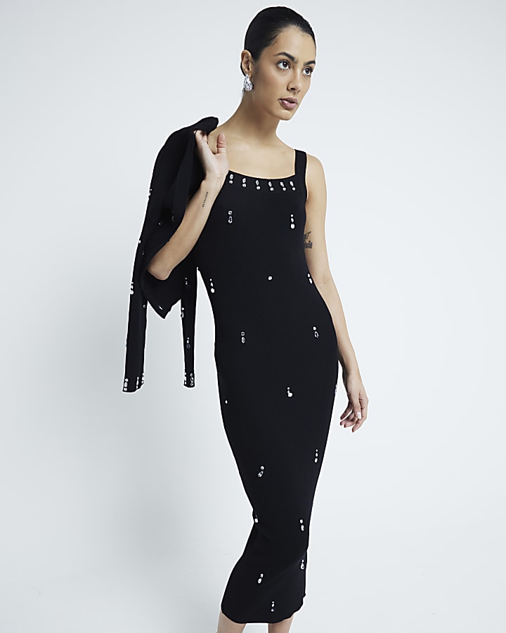 Black Knitted Embellished Midi Dress