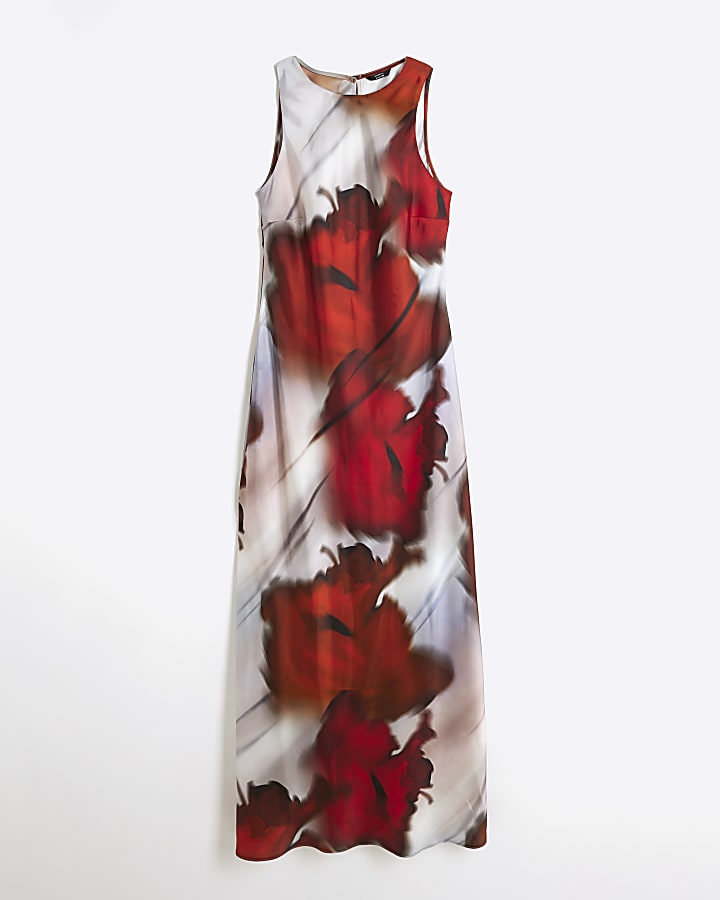 Red abstract print belted slip dress
