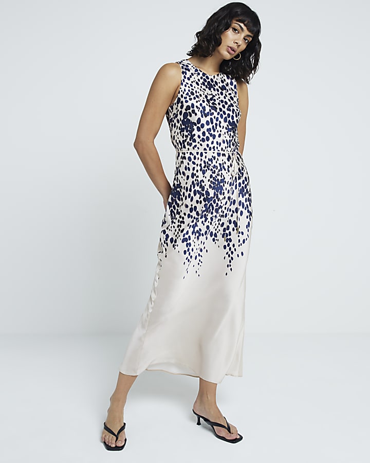 Cream satin leopard belted slip midi dress