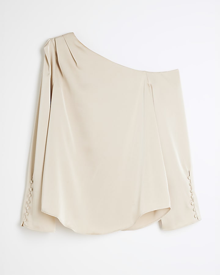Cream one shoulder cuffed blouse