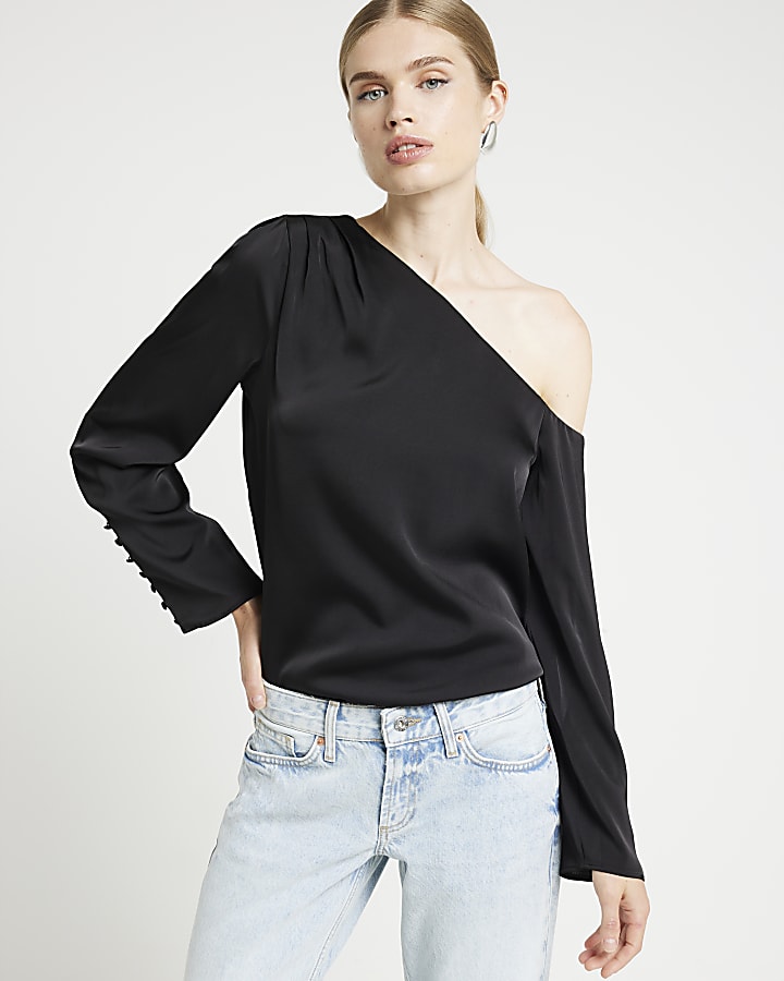 Black one shoulder cuffed blouse