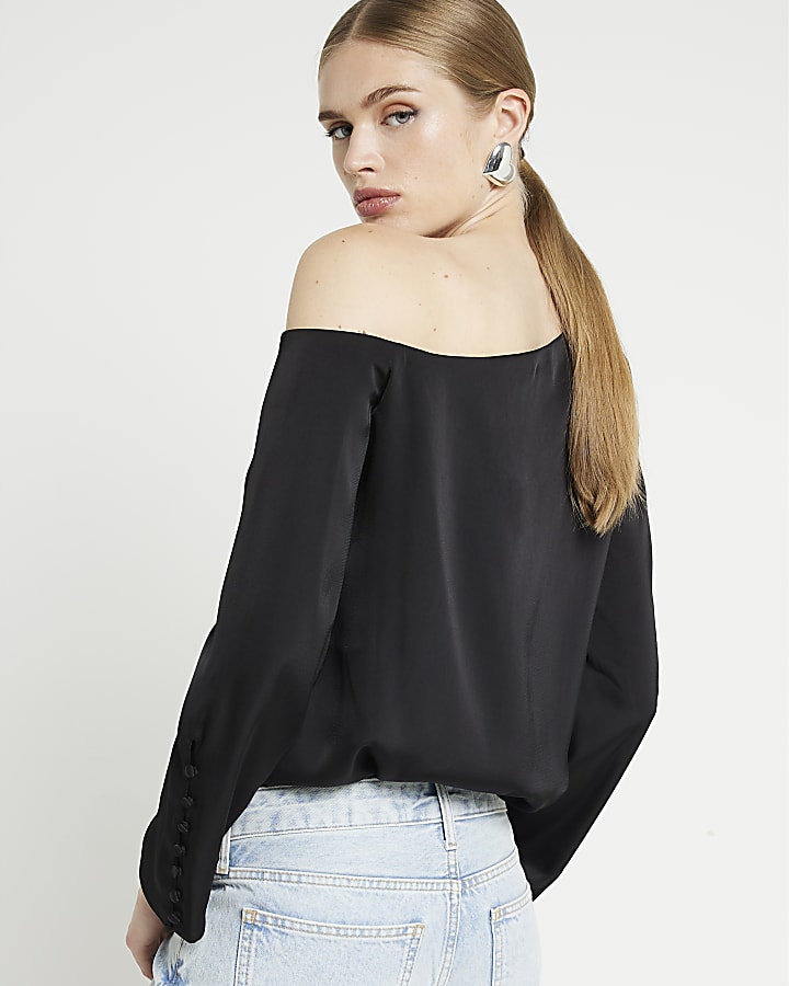 Black one shoulder cuffed blouse