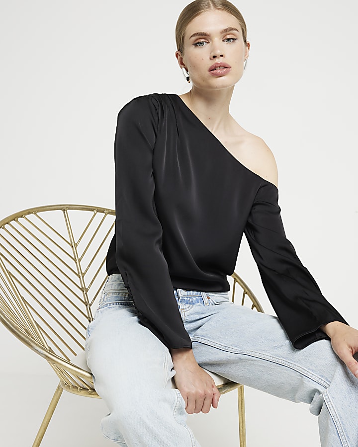 Black one shoulder cuffed blouse River Island