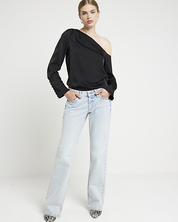 Black one shoulder cuffed blouse