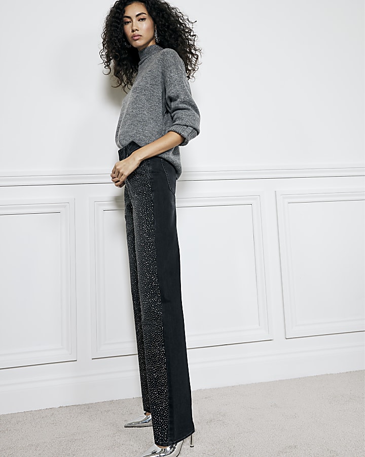 Black Diamante Relaxed Straight Jeans