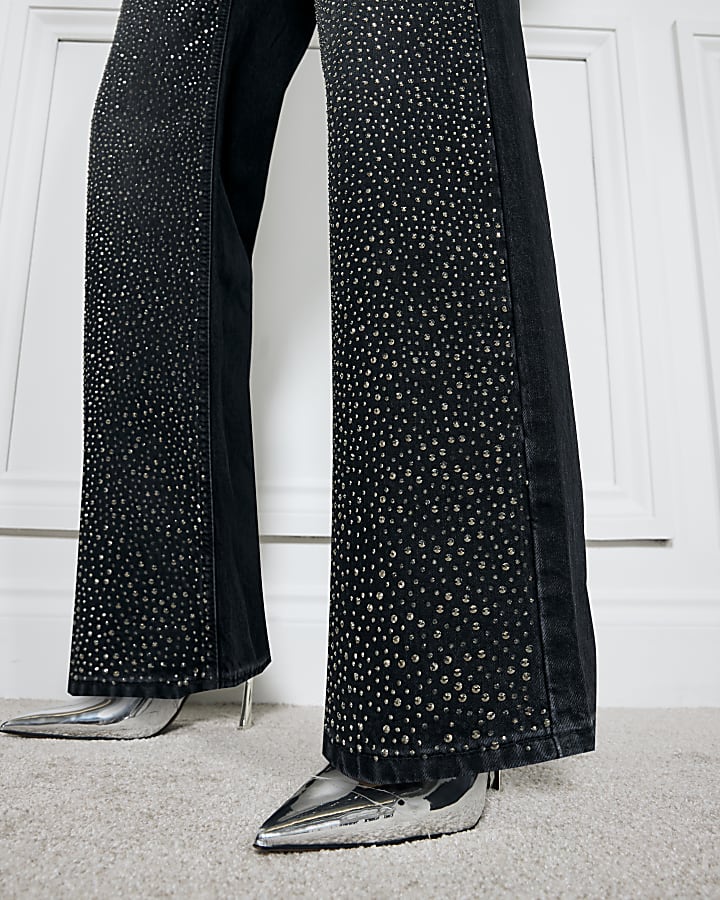 Black Diamante Relaxed Straight Jeans