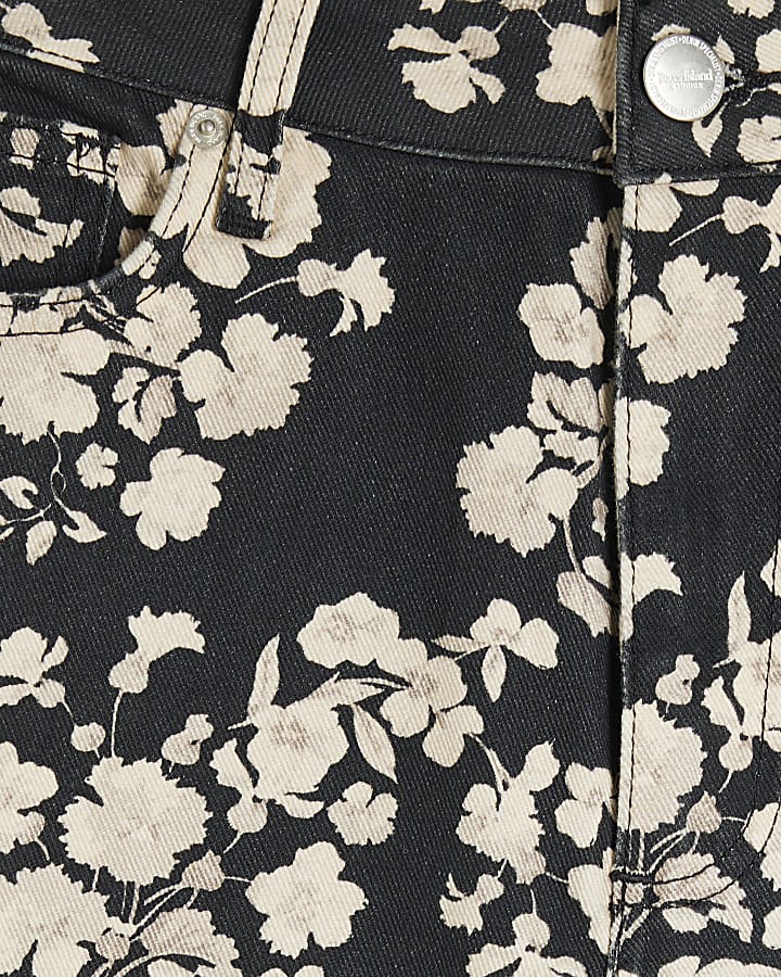 Black Relaxed Straight Floral Jeans
