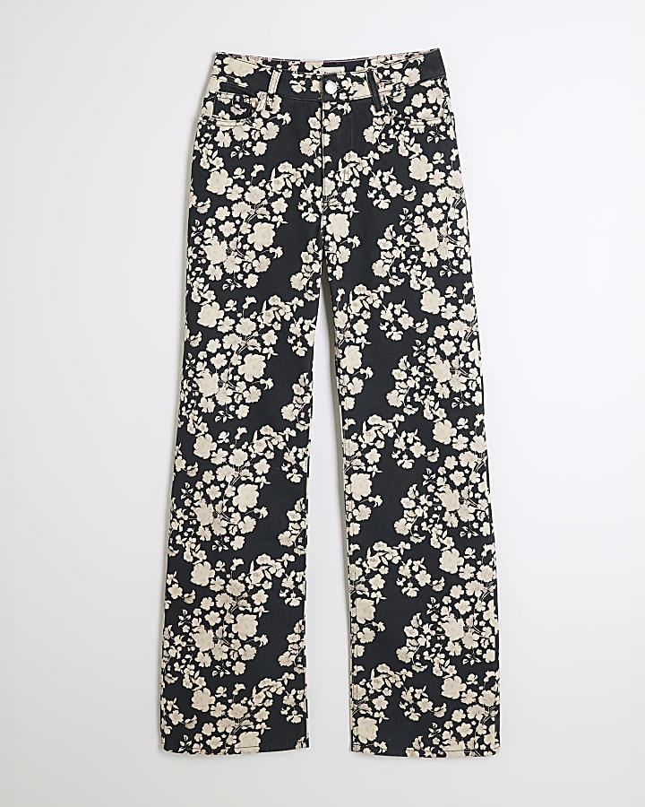 Black Relaxed Straight Floral Jeans