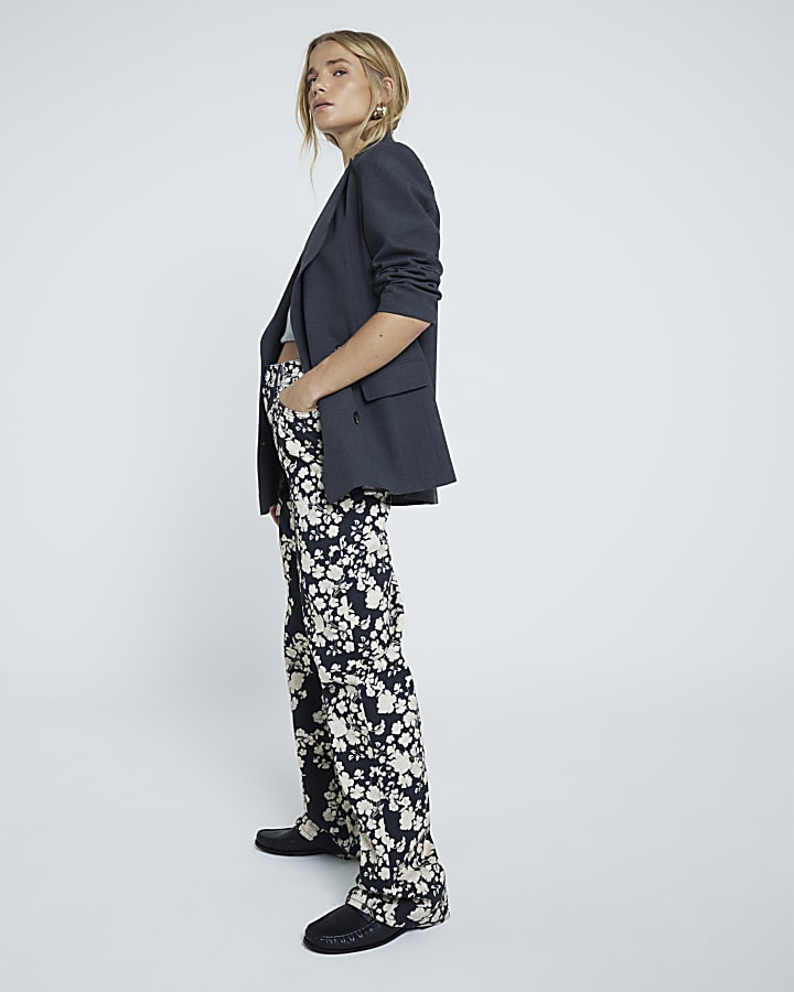 Black Relaxed Straight Floral Jeans