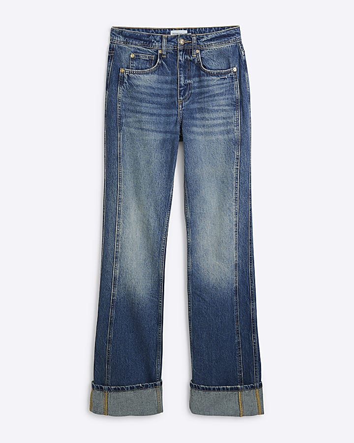 Blue High Rise Straight Leg Jeans