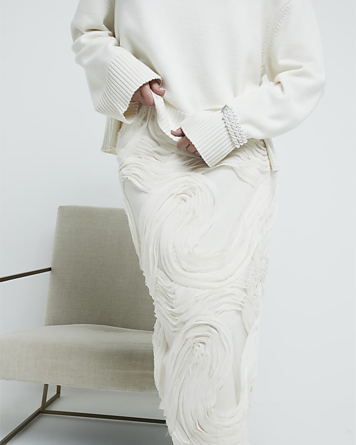 Cream 3D Texture Pencil Midi Skirt