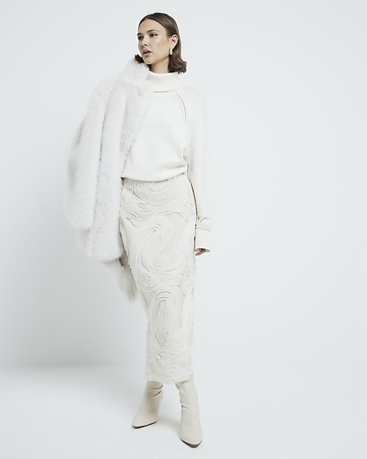 Cream 3D Texture Pencil Midi Skirt