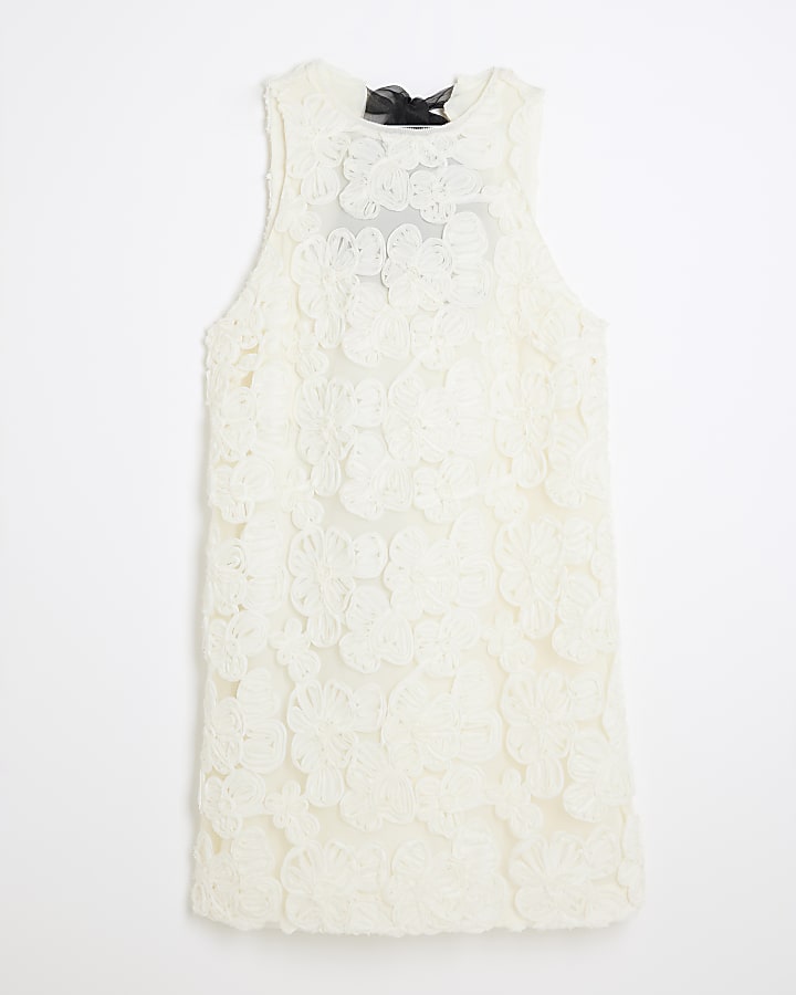 Cream Floral Embroidery Mini Shift Dress