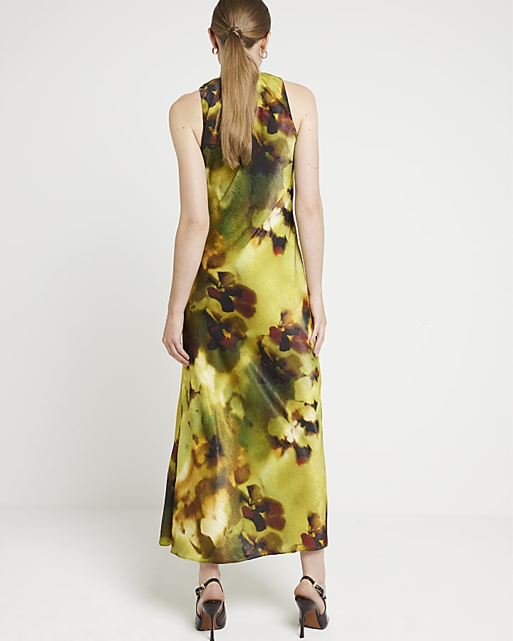 Green abstract ruched bodycon midi dress