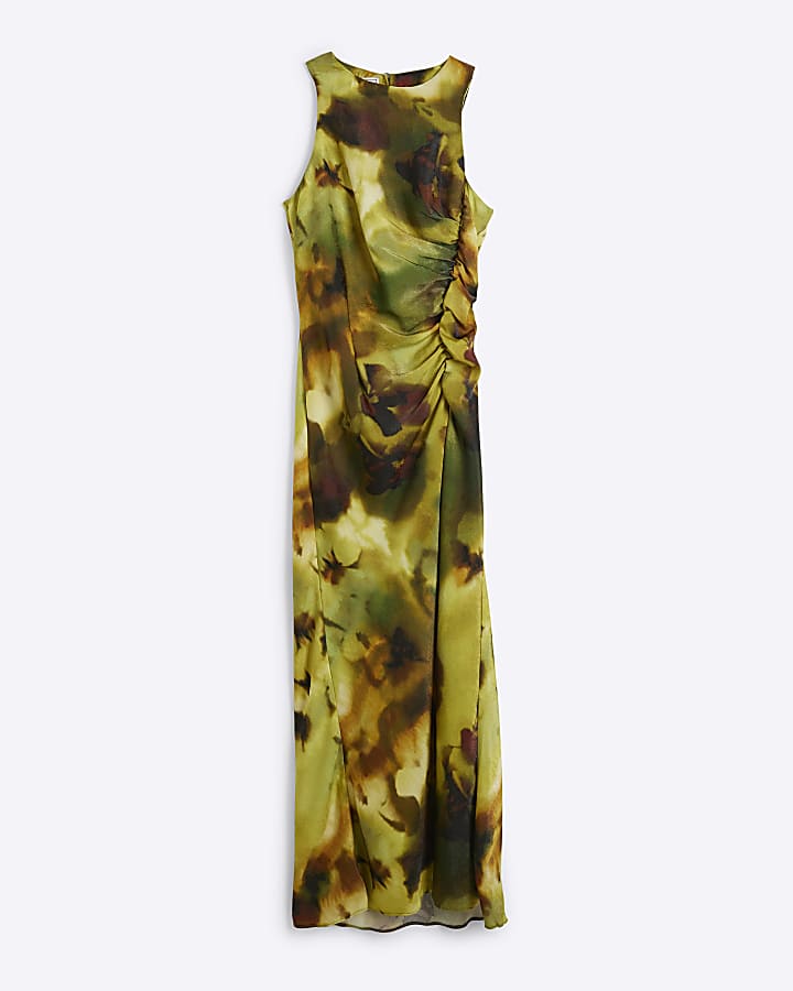Green abstract ruched bodycon midi dress
