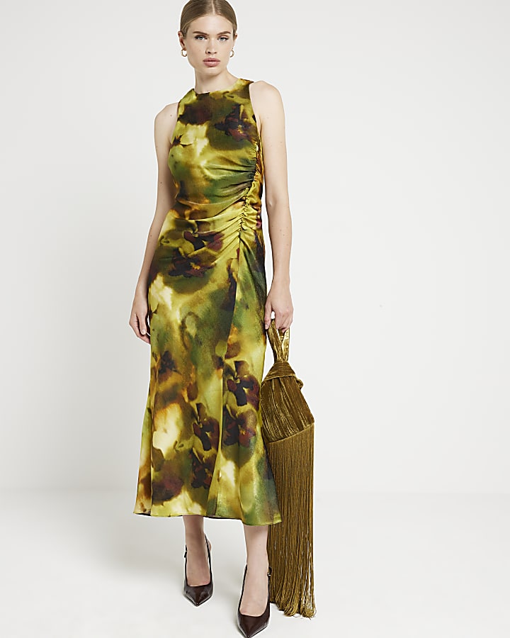 Green abstract ruched bodycon midi dress