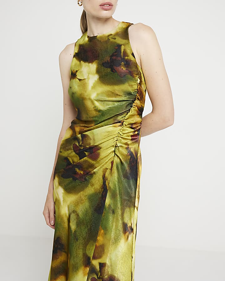 Green abstract ruched bodycon midi dress