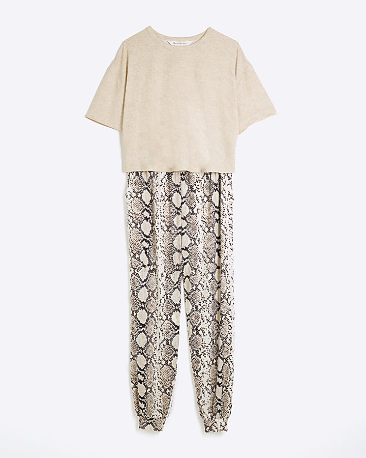 Beige Snake T-Shirt And Joggers Pyjamas Set