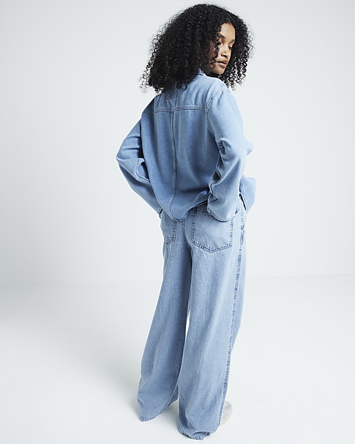 Blue loose wide leg drawstring jeans
