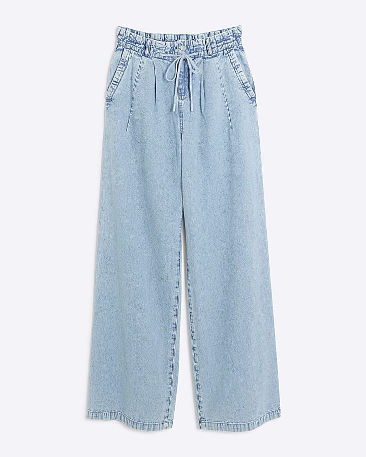 Blue loose wide leg drawstring jeans