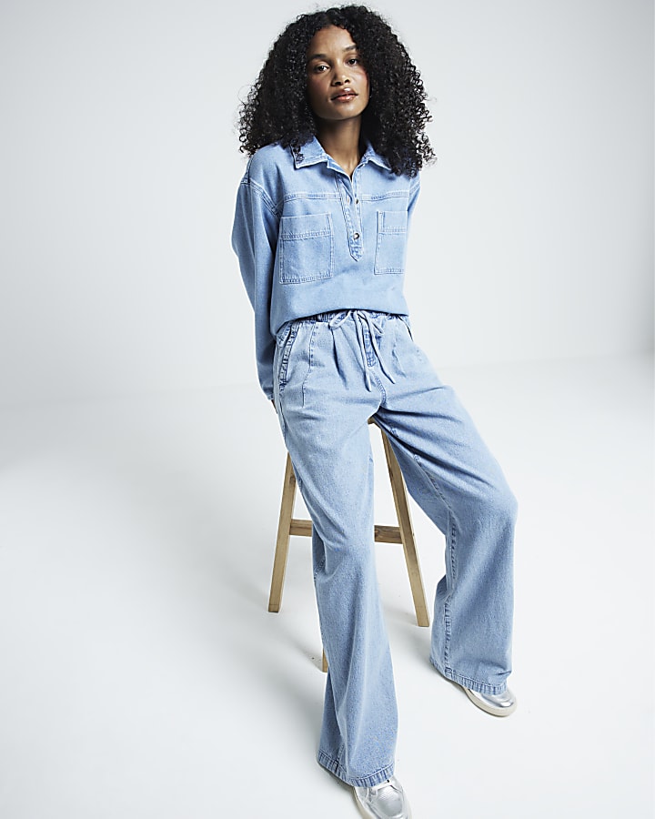Blue loose wide leg drawstring jeans