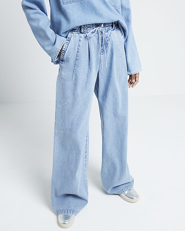 Blue loose wide leg drawstring jeans