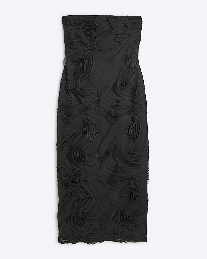 Black Bandeau 3D Swirl Bodycon Midi Dress