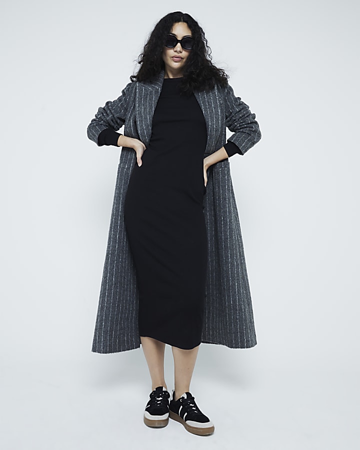 Black Long Sleeve Ribbed Midi Dress