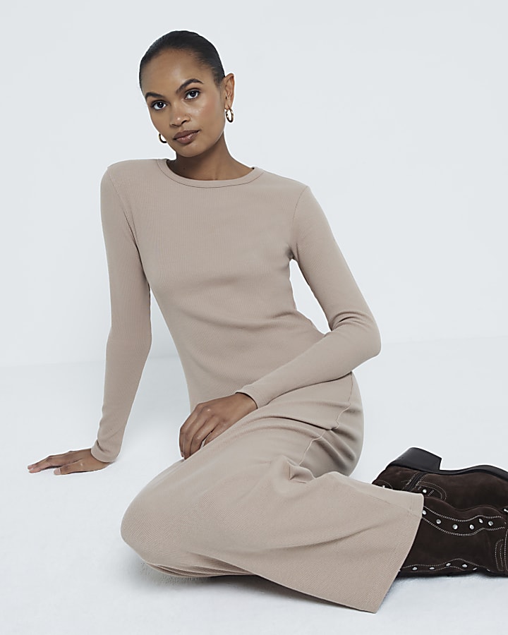 Brown Long Sleeve Ribbed Midi Dress