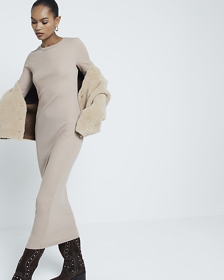 Brown Long Sleeve Ribbed Midi Dress