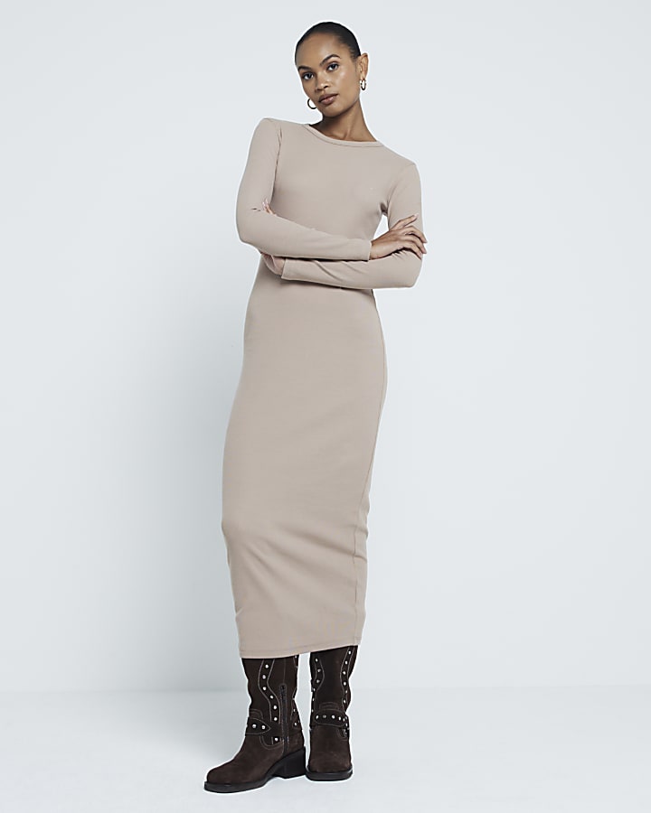 Brown Long Sleeve Ribbed Midi Dress