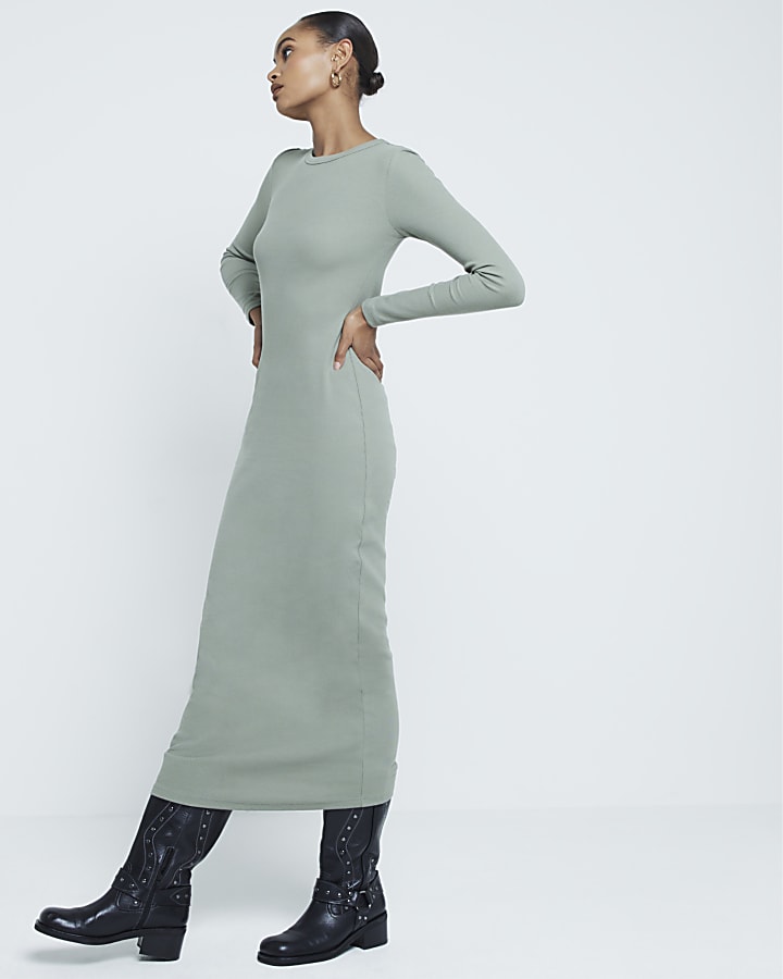 Khaki Long Sleeve Ribbed Midi Dress