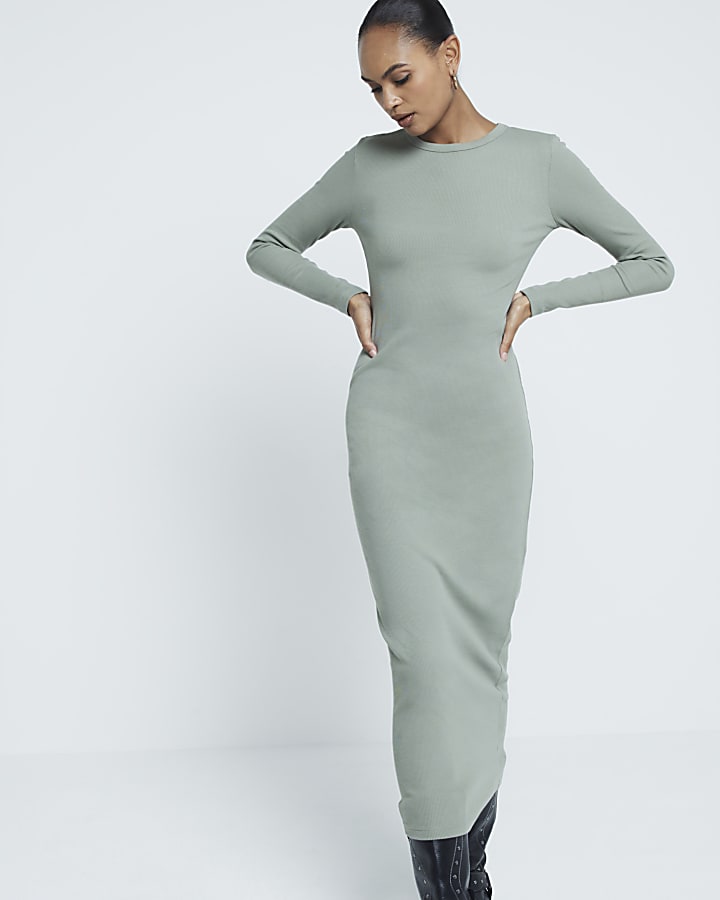 Long sleeve ribbed midi dress hotsell