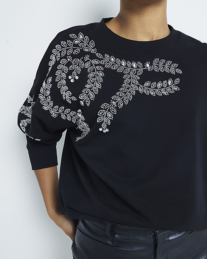 Black Embellished Leaf Sweatshirt