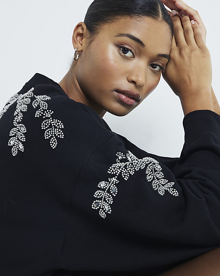 Black Embellished Leaf Sweatshirt