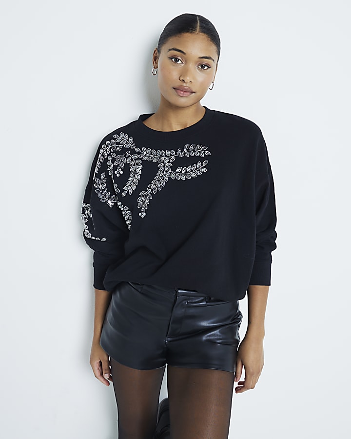 Black Embellished Leaf Sweatshirt