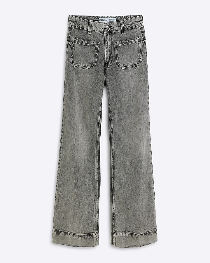 Grey high waisted front pocket wide leg jeans