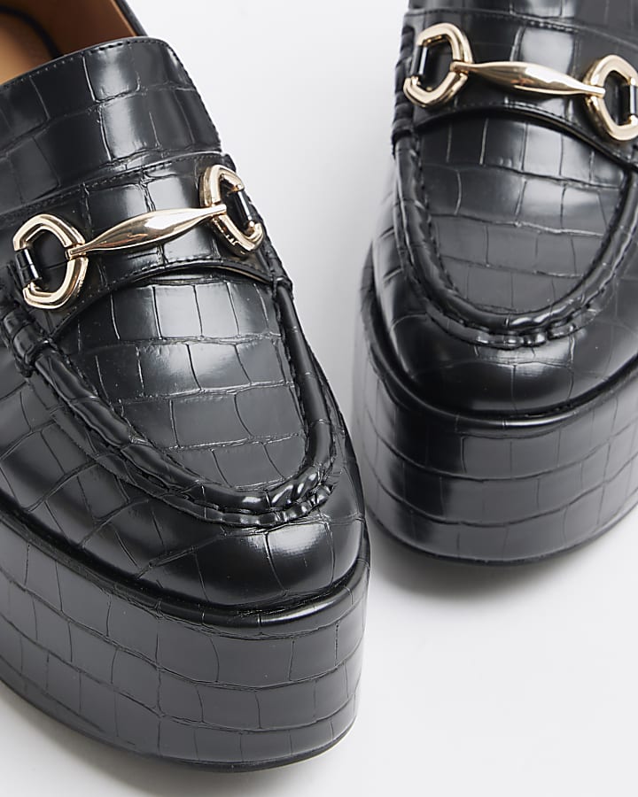 Black croc embossed platform loafers