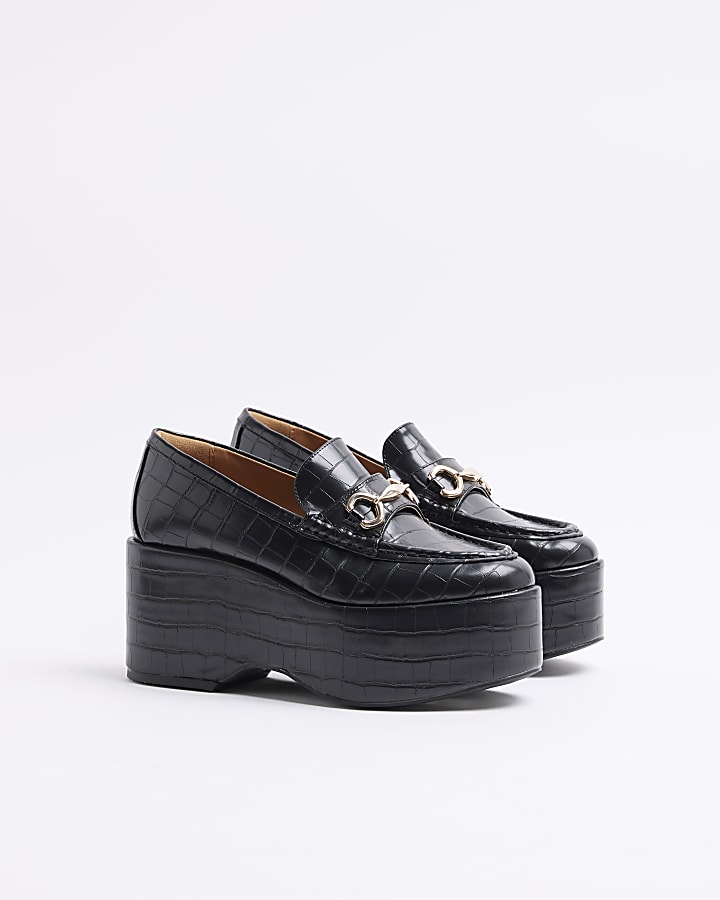 Black croc embossed platform loafers