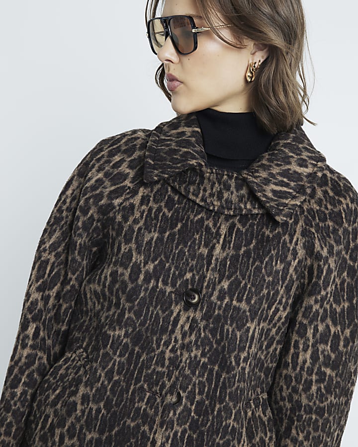 Brown Leopard Print Funnel Neck Coat