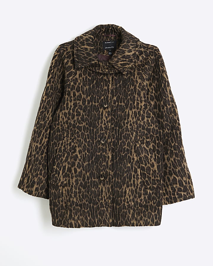 Brown Leopard Print Funnel Neck Coat