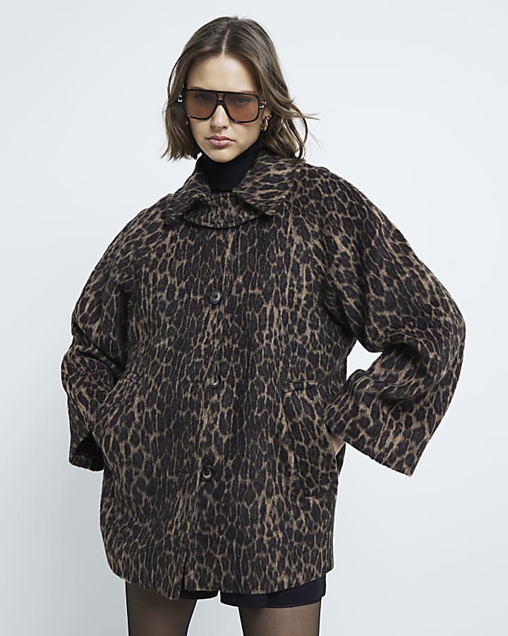 Brown Leopard Print Funnel Neck Coat