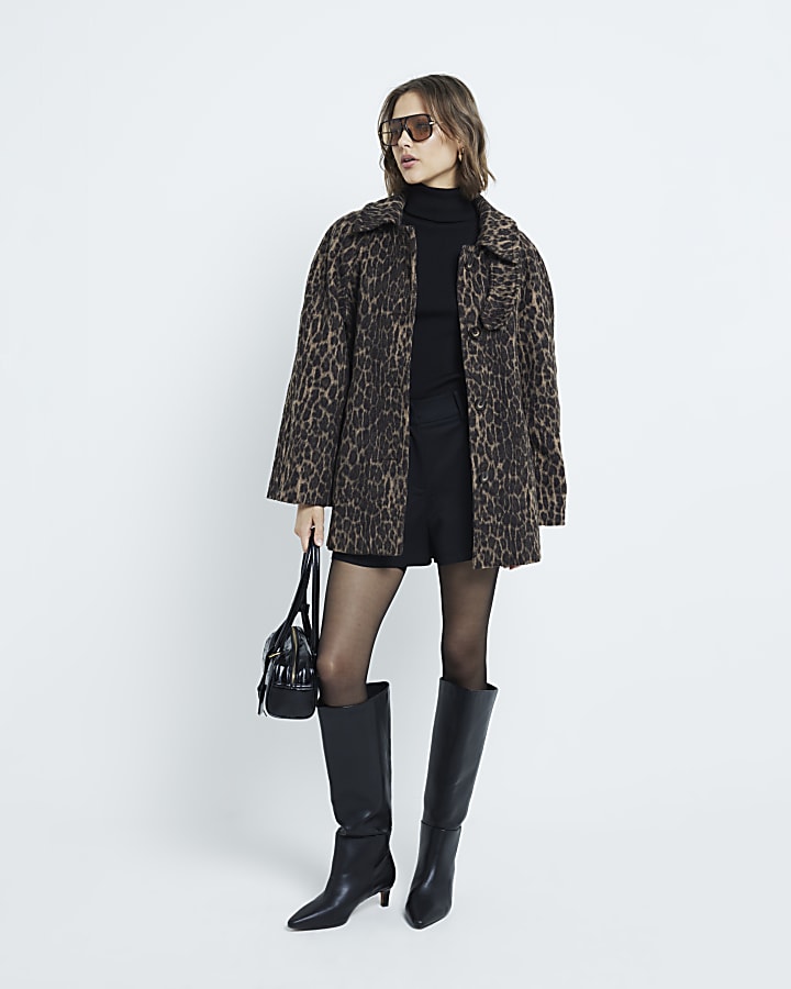 Brown Leopard Print Funnel Neck Coat